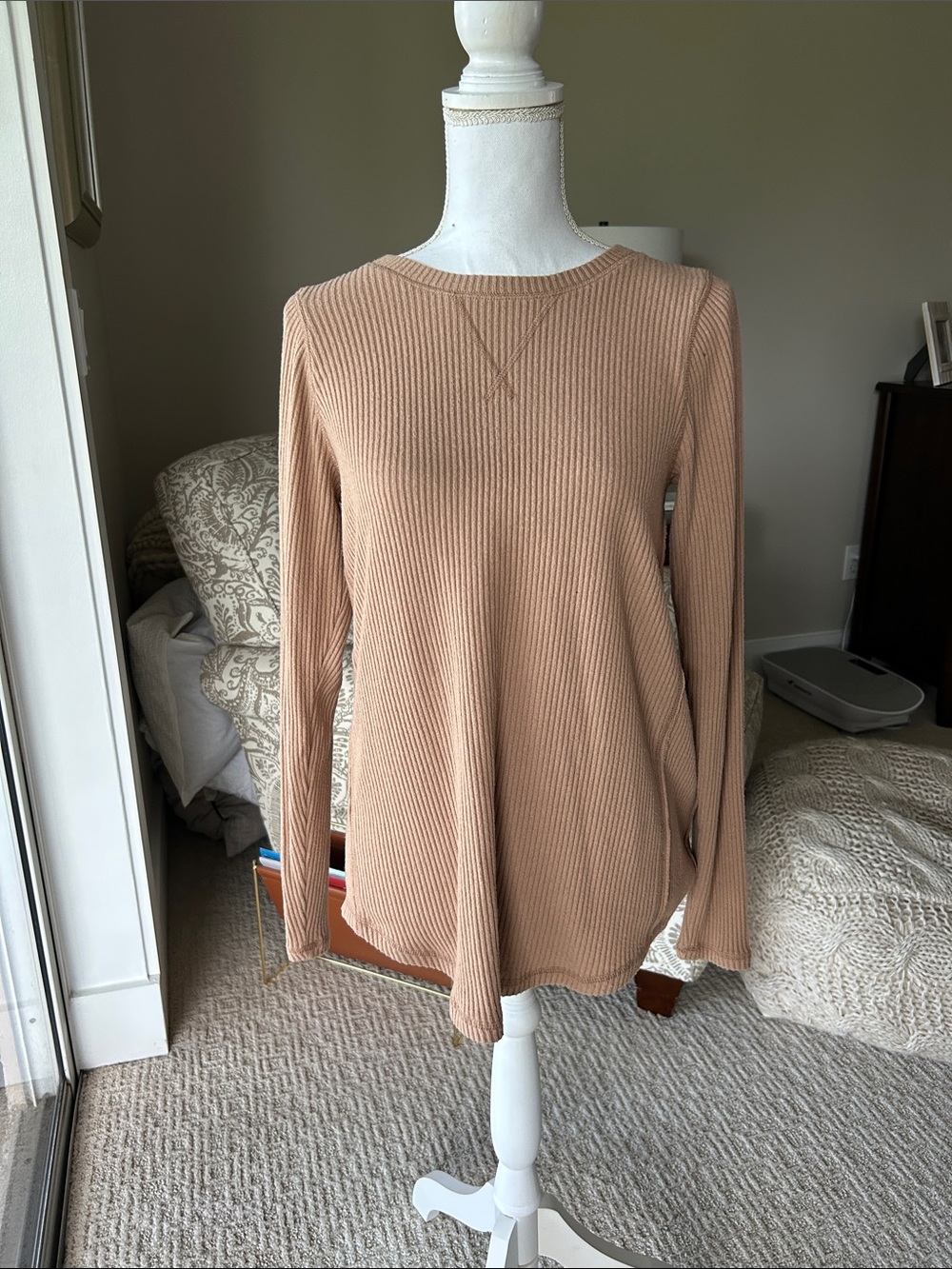 Abercrombie & Fitch Ribbed Long Sleeve Top in Light Tan